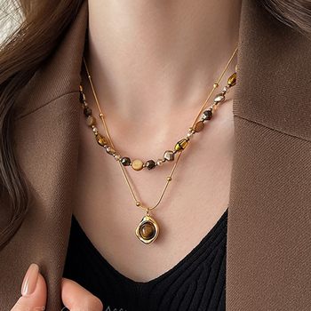 Set Necklace for Women, Retro Tiger Eye Stone, Natural Stone Beads, New Light Luxury Fashion Clavicle Chain, Elegant Sweater Chain