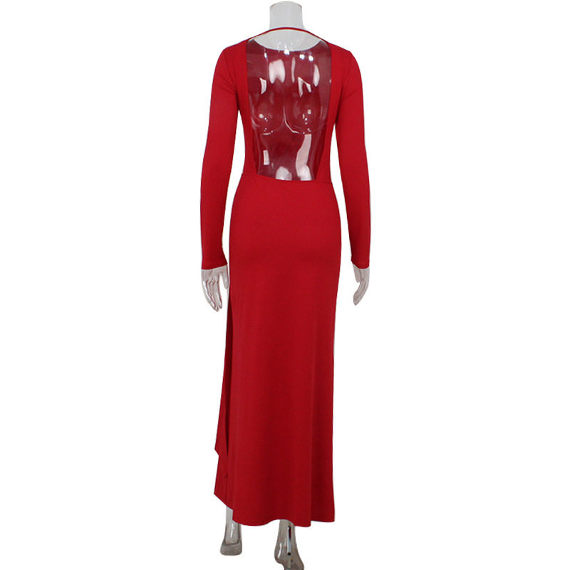 Elegant Long Sleeve Maxi Dress Round Neck Open Back Waist Tie Slim Fit Evening Wear Red Carpet Ready Wholesale