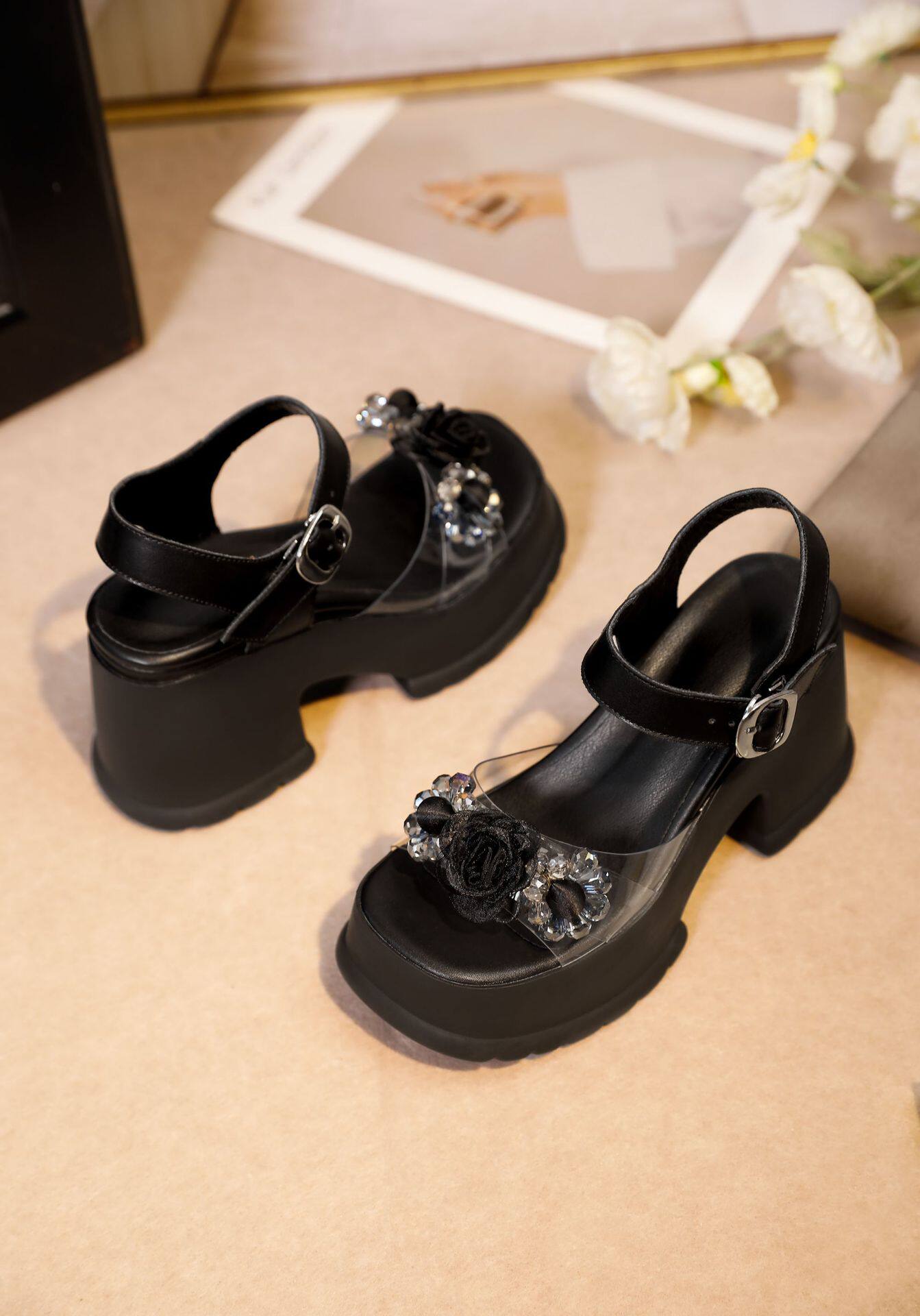 Sandal hở mũi nữ quai ngang gót thấp thanh lịch — [Đen], [Hồng] chi tiết 17