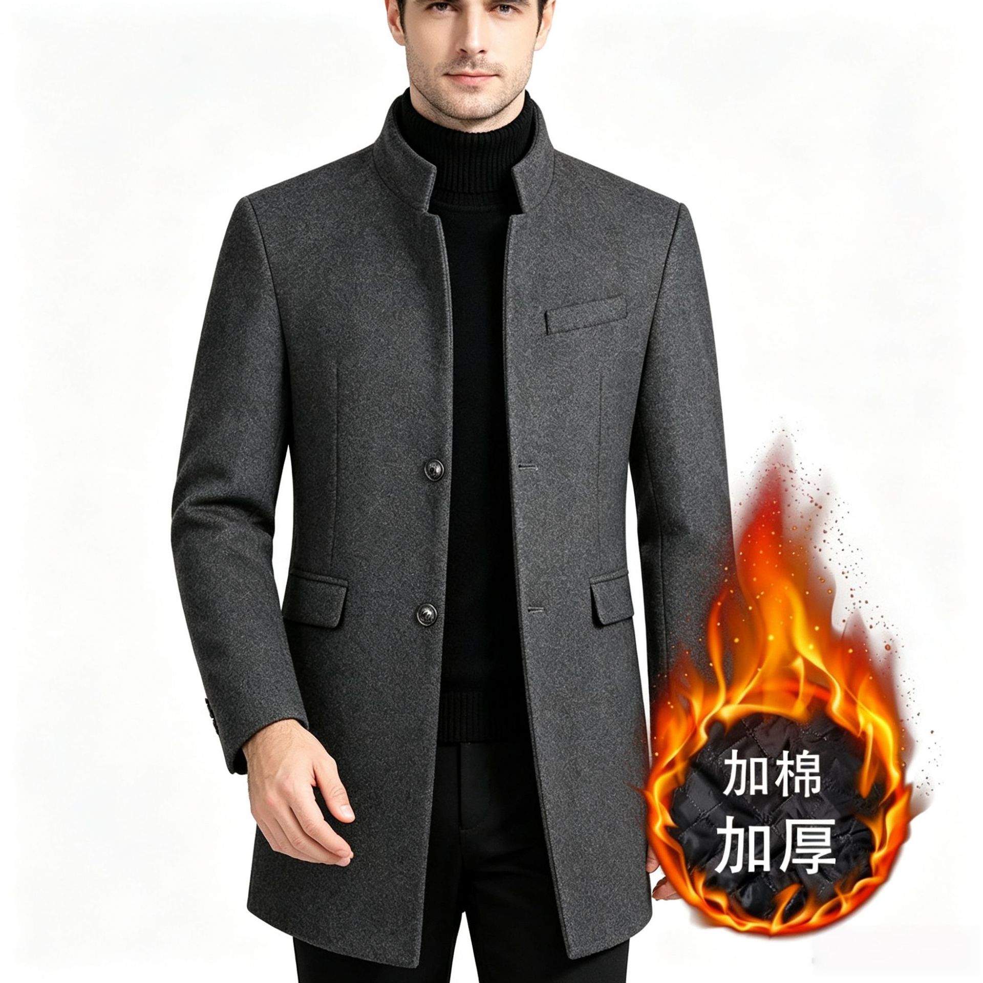 Mens Wool Blend Overcoat Thickened Mid Length Warm Stylish Autumn Winter Outerwear Wholesale Available