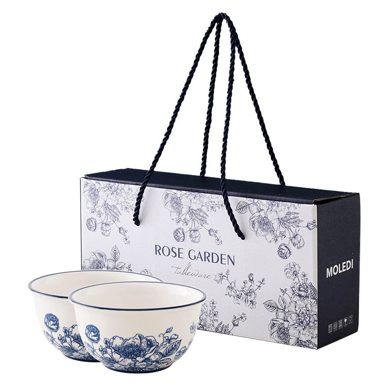 Blue Rose Blue and White Porcelain Bowl Gift Box Set New Household Tableware Gift Box Gift