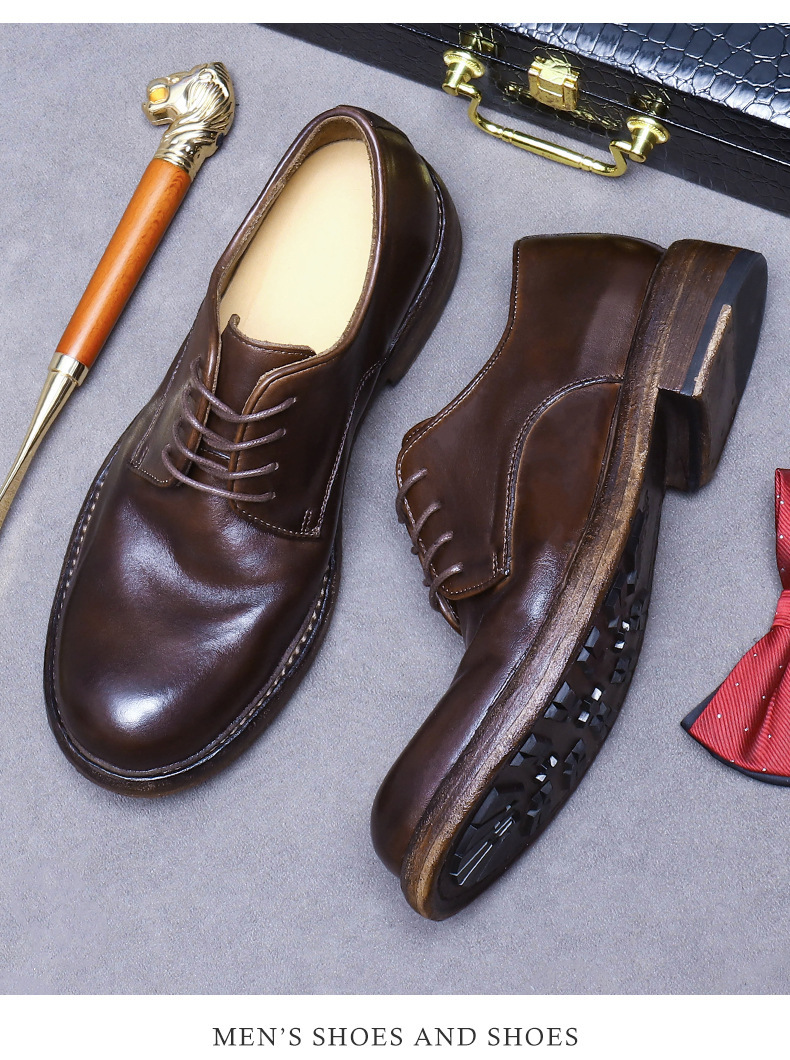 Giày Derby nam da bò thật đế da khâu Goodyear mũi tròn — Màu nâu