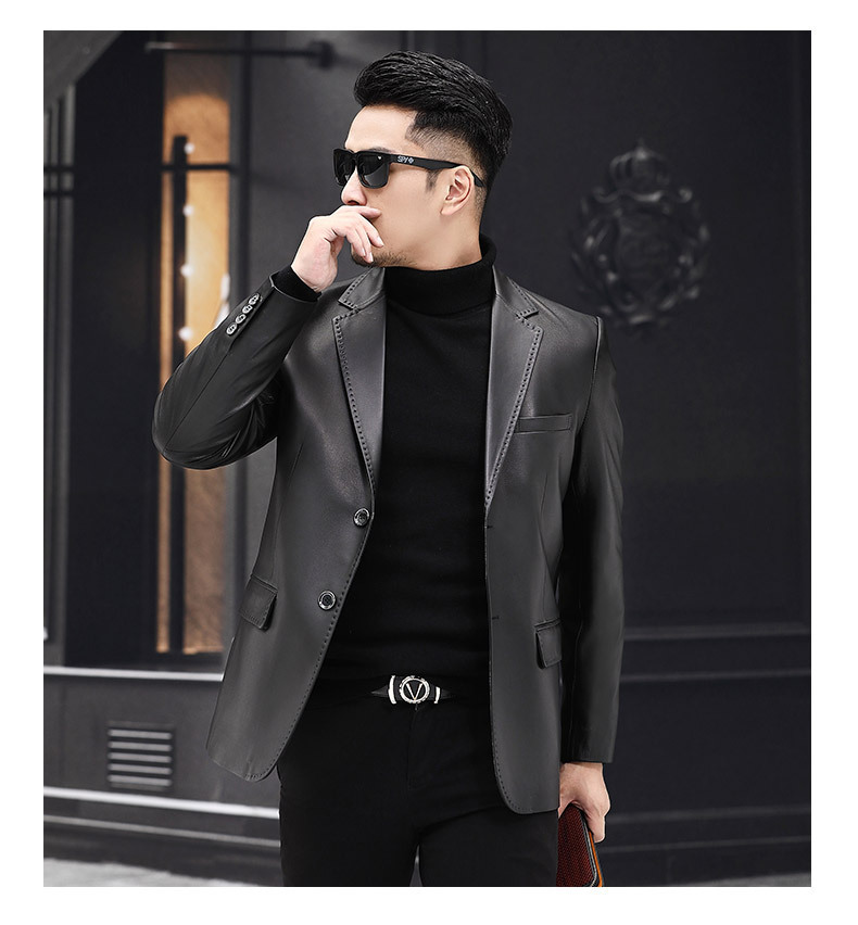 Áo khoác da cừu nam dáng vest cổ áo vest phong cách công sở — Màu đen