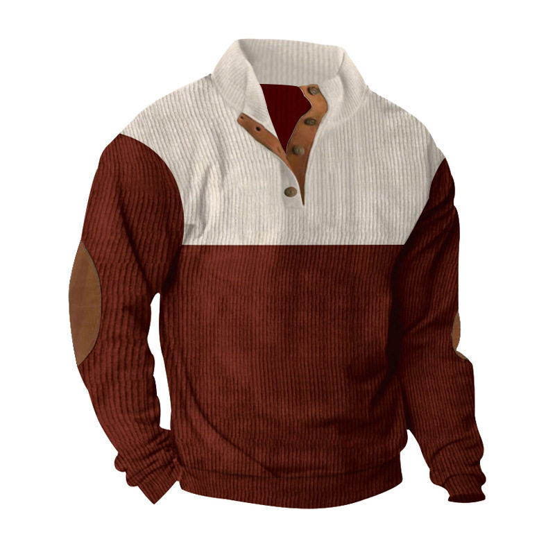 2026跨境大码秋冬男士休闲拼色翻领运动卫衣亚马逊灯芯绒立领上衣