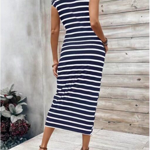 Elegant Striped Maxi Dress Waist Tie Short Sleeve Round Neck Summer Fashion for Women Wholesale Available