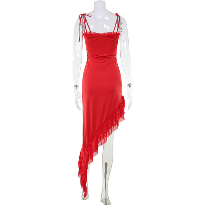 Elegant Solid Color Asymmetrical Ruffle Hem Cami Dress Slim Fit Fashionable Style Perfect for Summer Events Wholesale