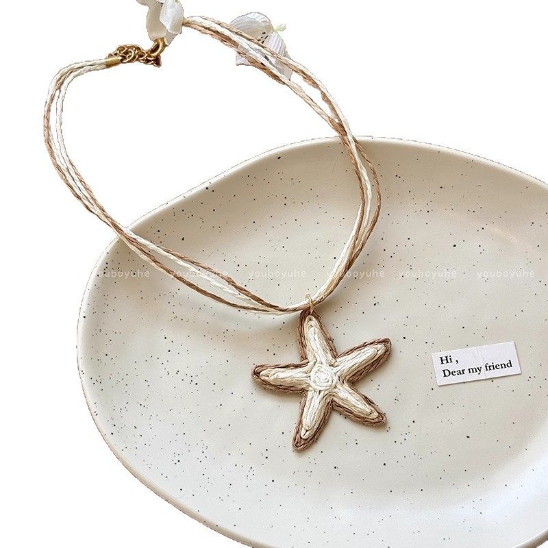 Vacation Island~Blue Straw Starfish Necklace Women's Summer Beach Seaside Resort Style Clavicle Chain Niche Accessories