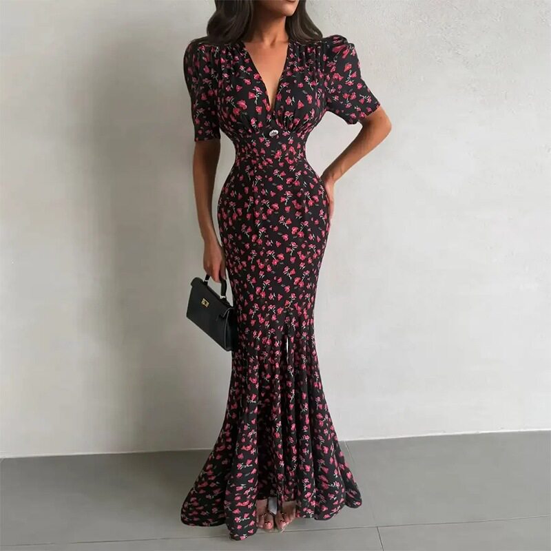 Womens Summer Dress Elegant Floral Print V Neck Fitted Mermaid Hem Perfect for Parties or Events Wholesale