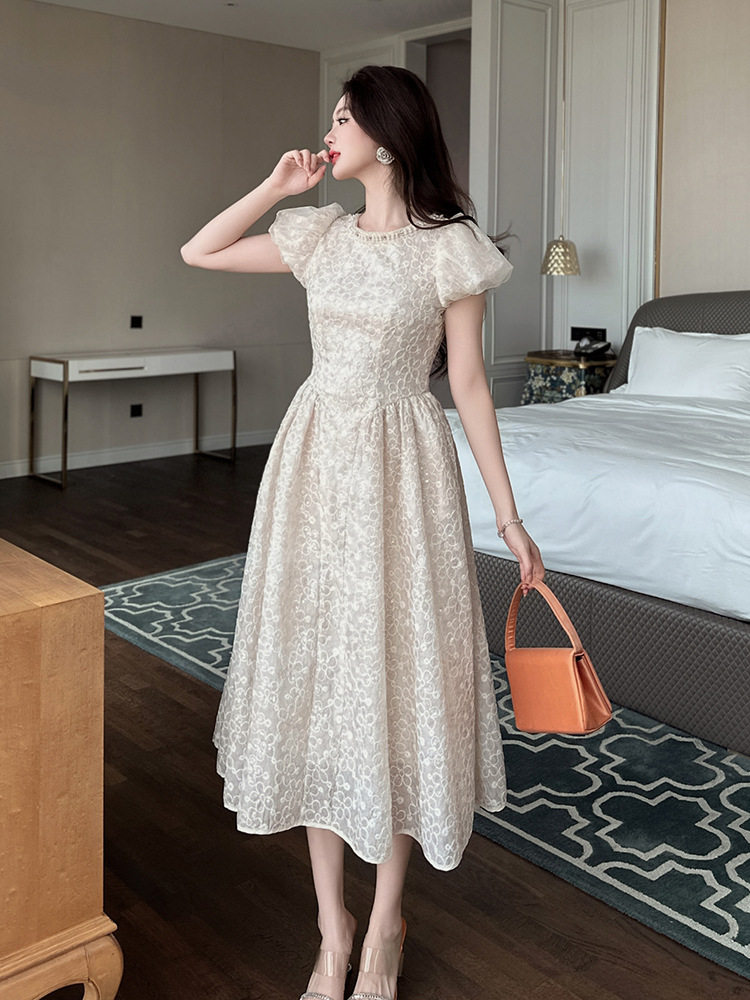 Đầm ren maxi nữ tay phồng eo cao dáng chữ A — [Hồng], [Mơ] chi tiết 13