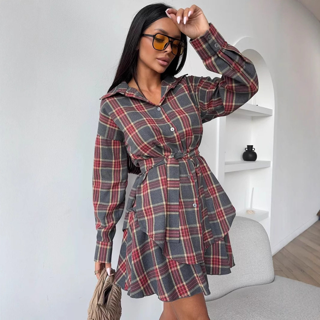 Plaid Two Piece Set Loose Fit Shirt with Lapel Waist Tie Flared Skirt Casual Fashion for Women Wholesale Available