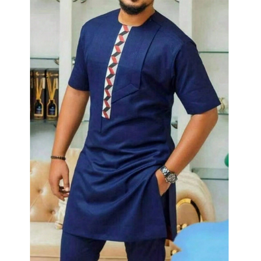 2023非洲民族风男士休闲套装2件套长袖纯色拼接衬衫和裤子套装