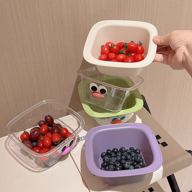 Cute Cartoon Big-Eyed Draining Basket, Kawaii Small Fruit Washing Basket, Convenient Candy-Colored Dopamine Draining Basin