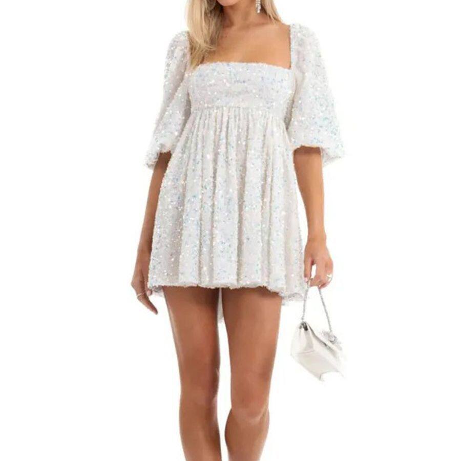 Plus Size Loose Sequin Mini Skirt Dress Short Sleeve Square Neck Solid Color Flared Hem Summer Casual Wear