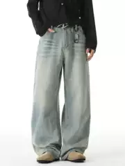 Distressed Washed Denim Jeans with 3D Whiskering - New Fall Arrival American High-Street Baggy Straight-Leg Jeans