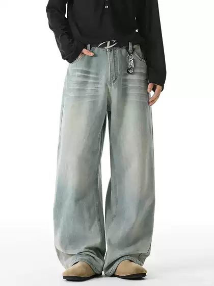 3D cat distressed washed denim jeans autumn new style American high street trendy brand loose texture straight leg pants q