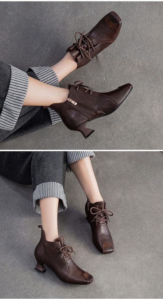 Boot Nữ Da Bò Cổ Lửng Gót Vuông Chiều Cao Đế Khoảng 5cm Màu Đen, Nâu chi tiết 11