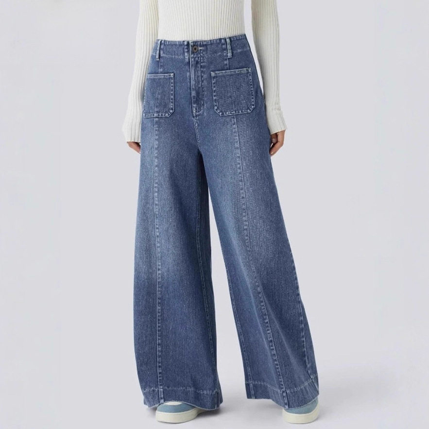 High Waisted Pocketed Patchwork Button Zipper Wide Leg Jeans Womens Fashion Fall Winter Collection Wholesale Available