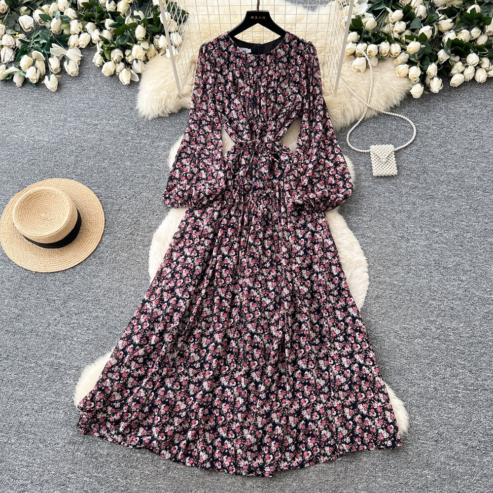 French Romantic Floral Print Dress Waist Defining A Line Silhouette Pleated Long Length Spring Fall Office Wear