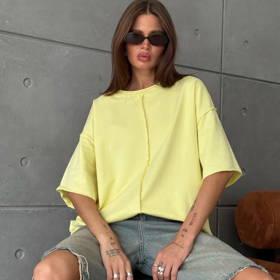 Womens Loose Fit Cotton T Shirt Distressed Short Sleeve Color Block Design Spring Summer Casual Wear Wholesale
