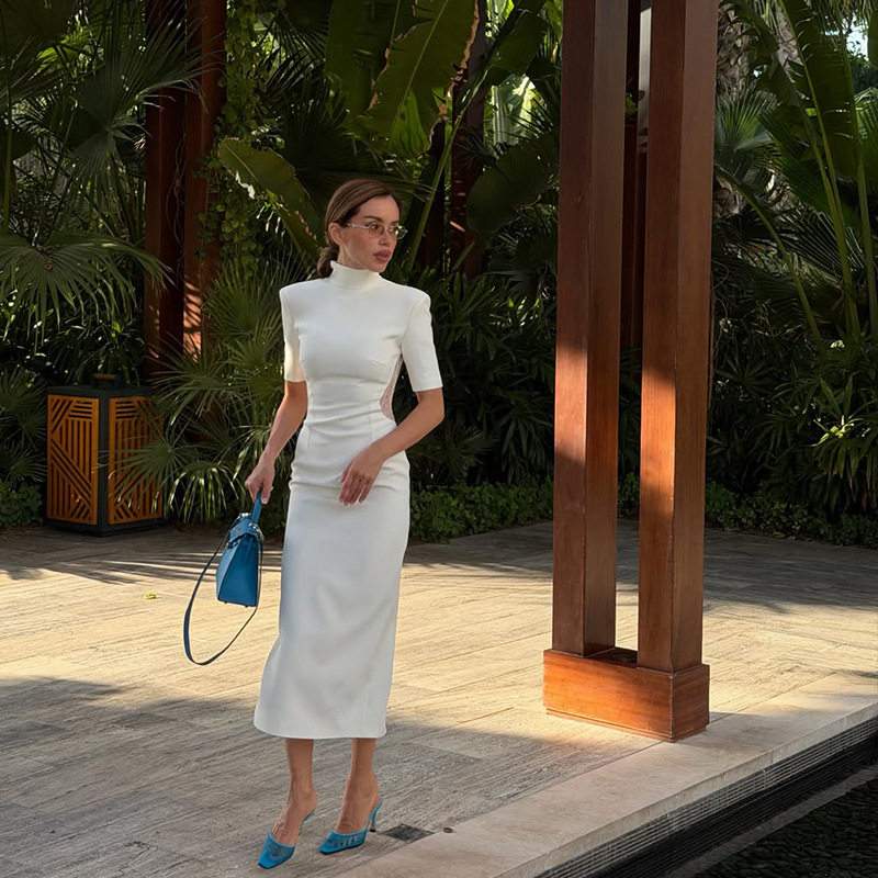 White Lace Trimmed Bodycon Dress Half High Neck Short Sleeve Side Slit Elegant Casual Wear for Women OEM Available