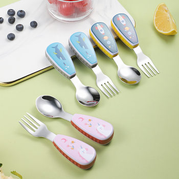 304 Stainless Steel Children's Tableware Short Handle Spoon Fork Creative Cartoon Baby Training Tableware Food Supplementary Portable suit