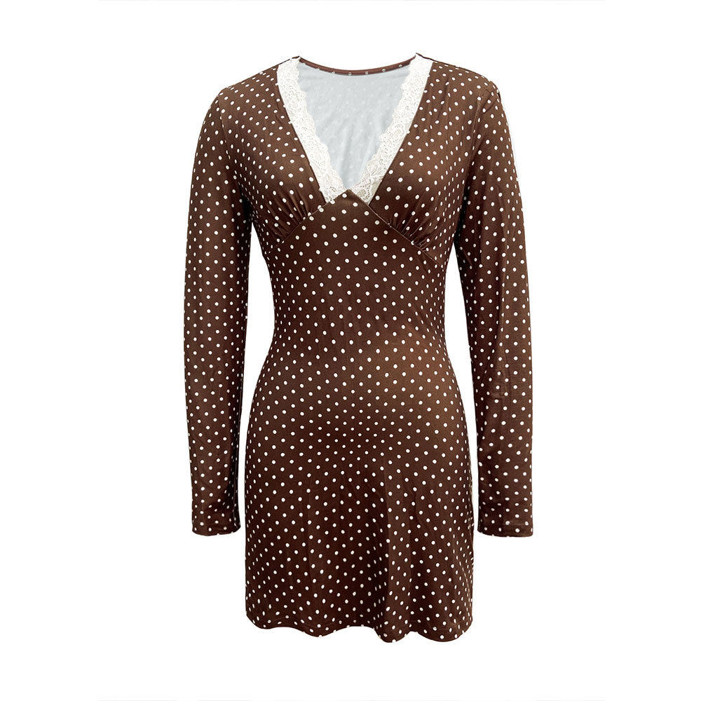 V Neck Lace Trim Polka Dot Bodycon Mini Dress Long Sleeve Spring Summer Style Wholesale Available