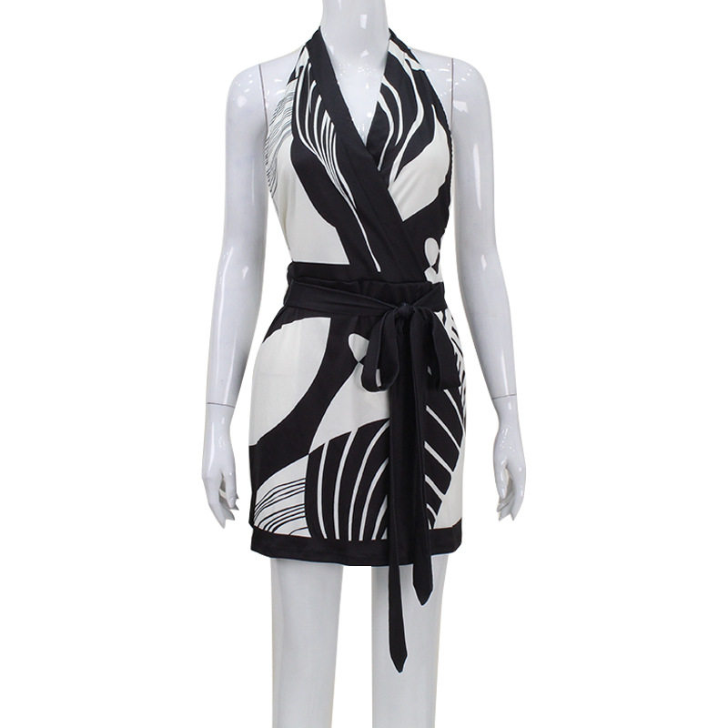 Nordic Style Floral Print Halter Neck Backless Dress Classic Design Waist Defined Short Length Ideal for Summer