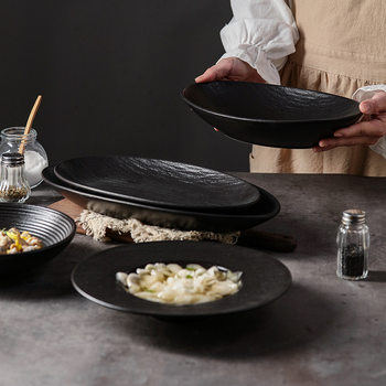 Ceramic Black Stone Pattern Household Steamed Fish Plate Large Oval Deep Plate Western Plate Commercial Tableware Creative Hotel