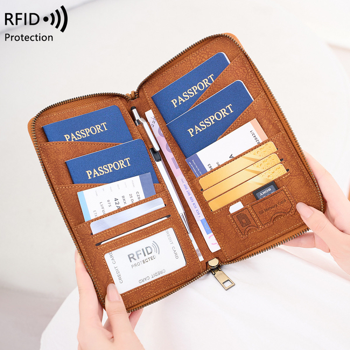 Cross-Border New Rfid Anti-Magnetic Passport Bag Long Zipper Passport Holder Multi-Functional Travel Ticket Storage Document Bag