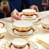 2025 New European Style Dishware Set for Home Use, Light Luxury High-End Bone China Embossed Gold Tableware Set for Housewarming