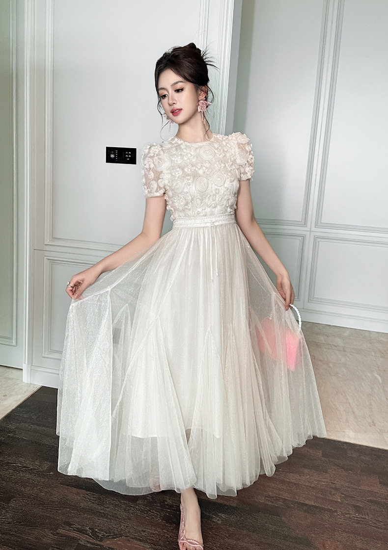Đầm suông nữ tay ngắn cổ tròn chất liệu lưới voan phối ren nổi 3D — [Hồng], [Mơ] chi tiết 8