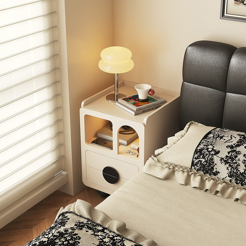 Cream Style Bedside Table Bedroom Mini Cute Ultra-Narrow Storage Bedside Table Small Household Solid Wood Storage Cabinet