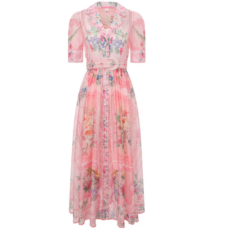 French Floral Print Blazer Dress Three Quarter Sleeve Single Breasted Waist Defined Flared Hem Spring Fall Vacation