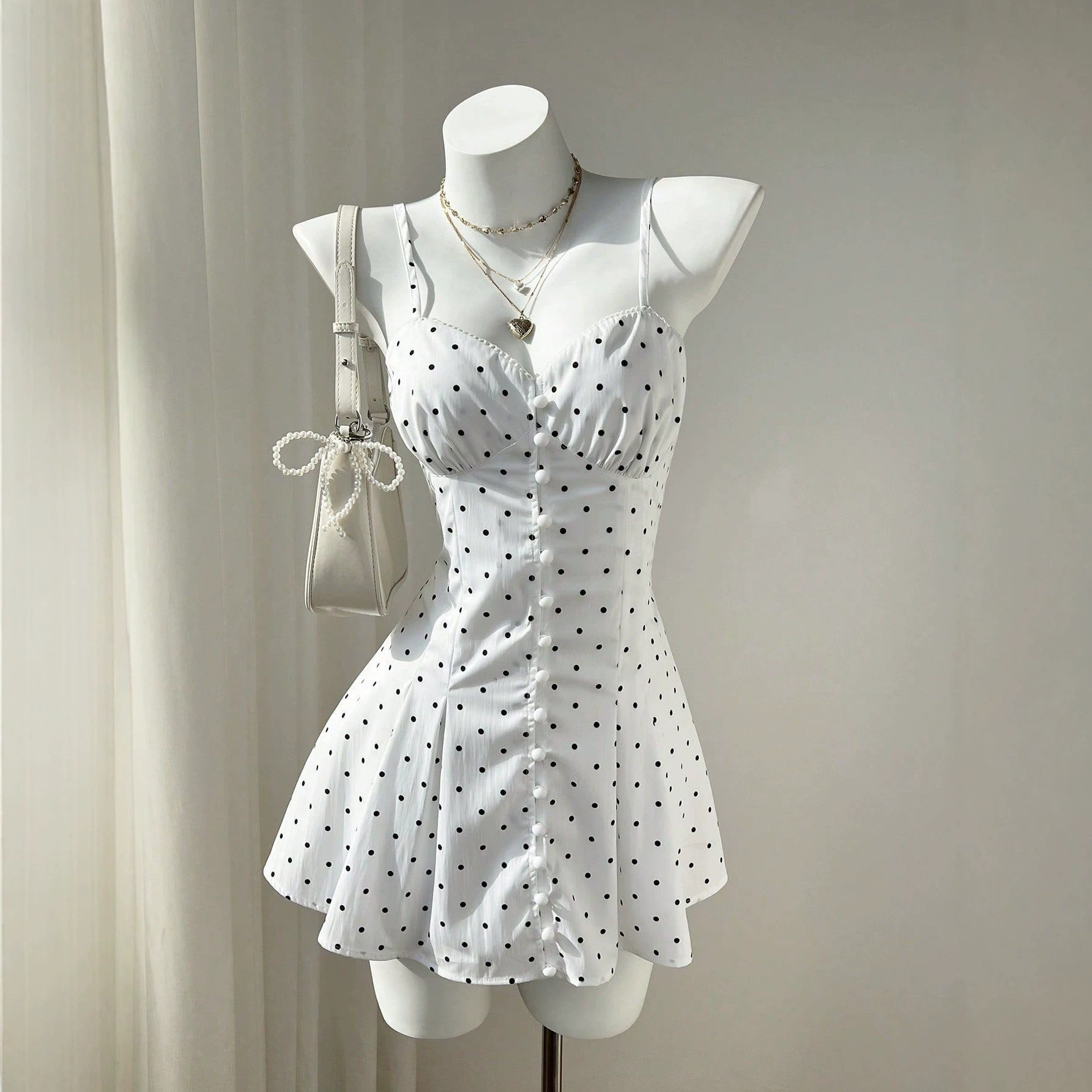 Sweet Polka Dot A Line Dress Adjustable Straps Waist Cinching Summer Style Ready to Ship Low MOQ