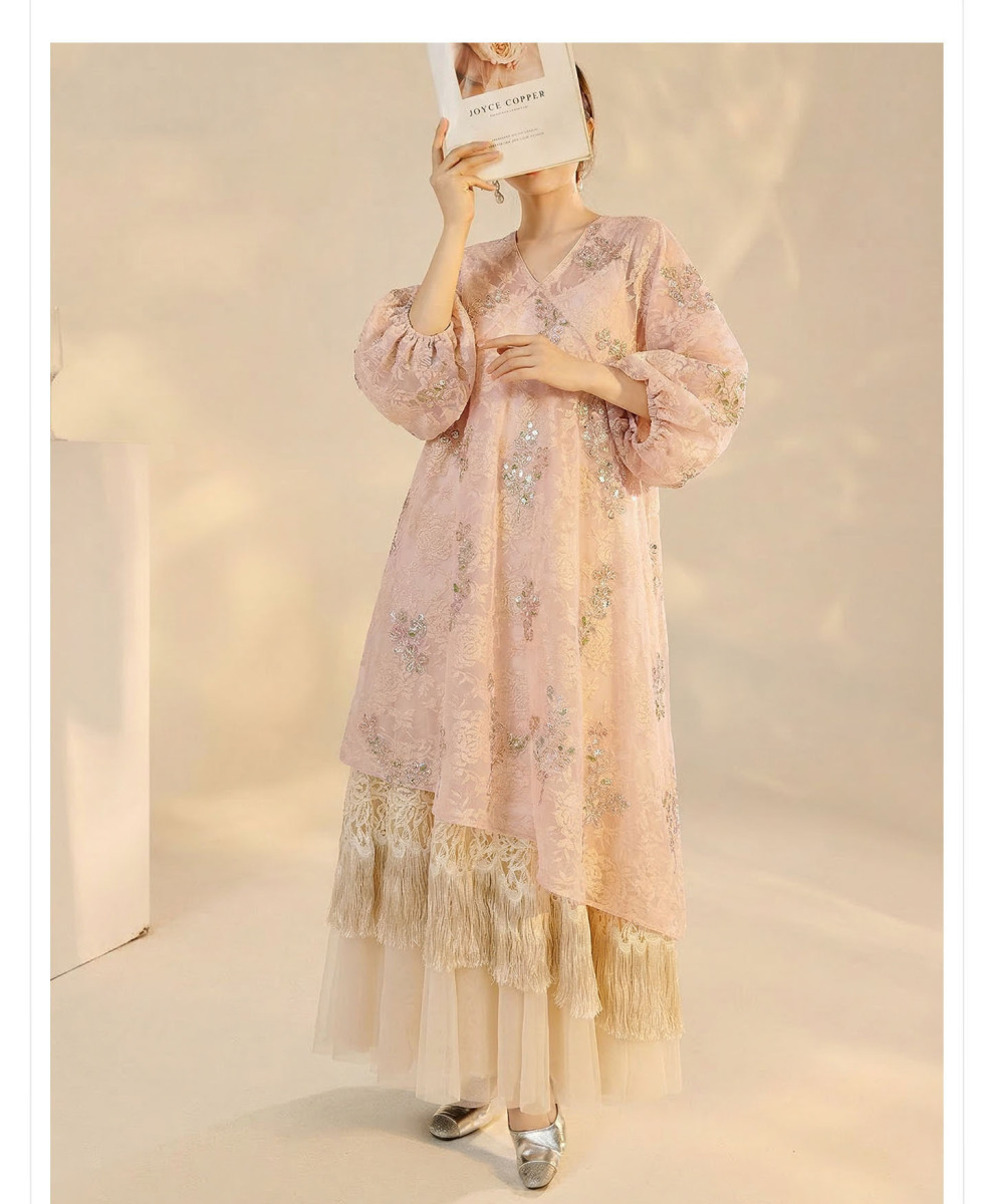 Đầm dài hai dây hoa thêu tay lỡ dáng xòe nữ — Hồng đào sương (giao hàng 7 ngày), Hồng đào sương (giao hàng trong ngày)