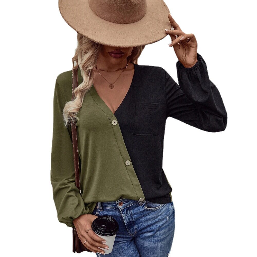 Womens Color Block Long Sleeve T Shirt Loose Fit Pocket Design Casual Style Perfect for Everyday Wear Wholesale