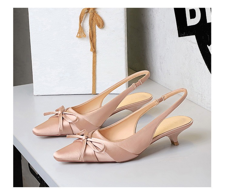Giày cao gót mũi nhọn lụa satin thắt nơ quai hậu nữ tính — Màu đen, Màu đỏ rượu, Màu sâm panh