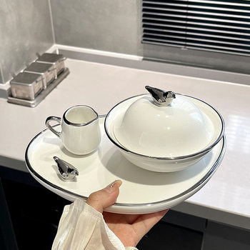 Advanced Sense Ceramic Bowl with Lid Creative Girl's Dessert Bowl Health-preserving Bird's Nest Bowl Household Soup Bowl Breakfast Bowl suit