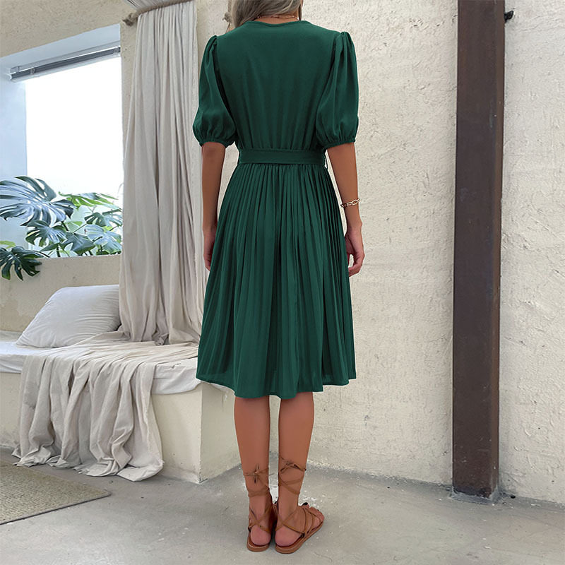 Summer Green Ruched Dress V Neck Tie Detail Fashionable Design Perfect for Casual Outings Wholesale Available