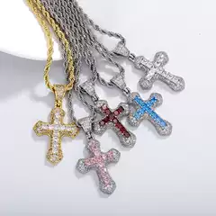 Cross-Border Amazon Hip-Hop Colorful Zircon Cross Pendant Men's Necklace Fashionable Versatile Sweater Chain Twist Chain