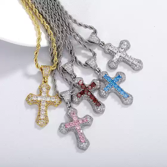 Cross-Border Amazon Hip-Hop Colorful Zircon Cross Pendant Men's Necklace Fashionable Versatile Sweater Chain Twist Chain