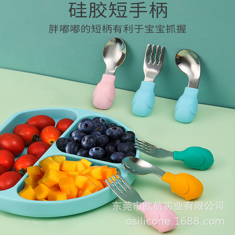 In stock wholesale baby silicone short handle training fork spoon learn to eat stainless steel food supplement spoon children portable tableware
