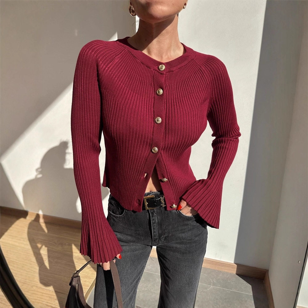 坑条长袖针织衫女纯色打底螺纹上衣单排扣跨境欧美2025秋冬针织衫