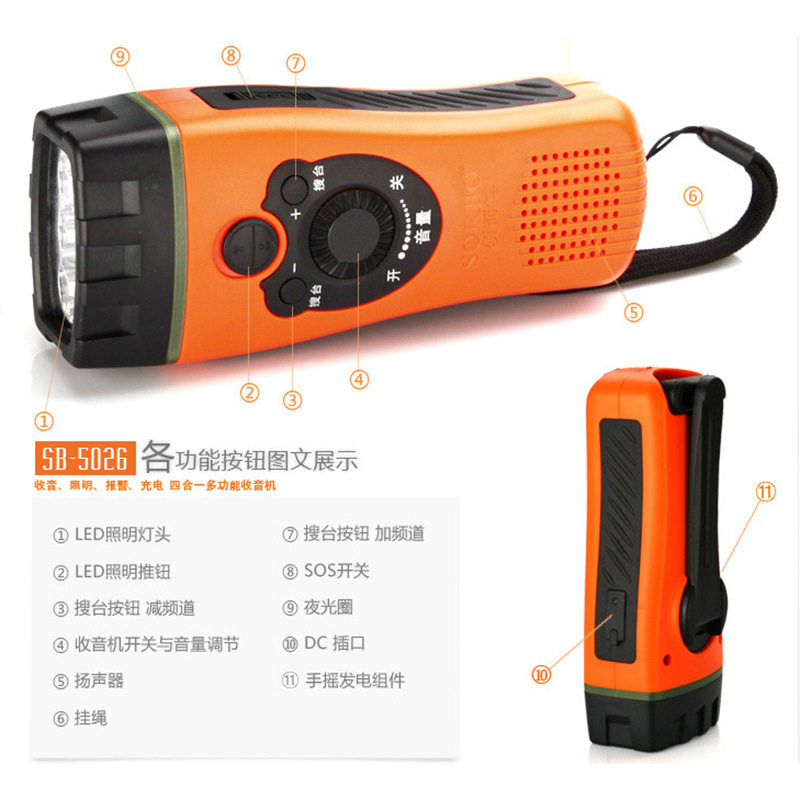 New hand power flashlight 3led flashlight earthquake emergency relief flashlight with radio FM in stock