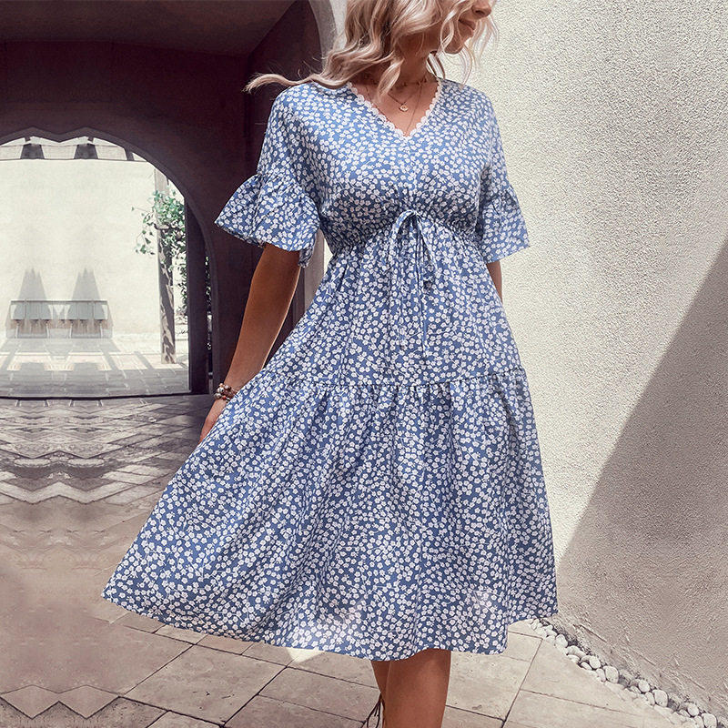 Summer Floral V Neck Dress Fresh and Sweet Style Blue Color Perfect for Casual Outings Wholesale Available