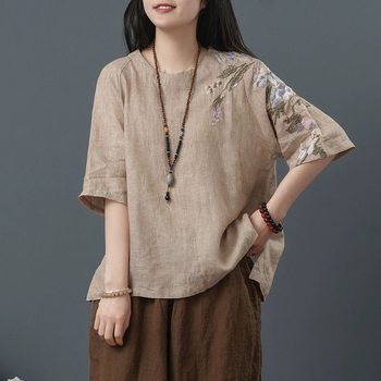 Cotton and Linen Tops for Women Thin Summer Ethnic Style Embroider Large Size Loose Literary Retro Chinoiserie Suit Women's T-Shirt