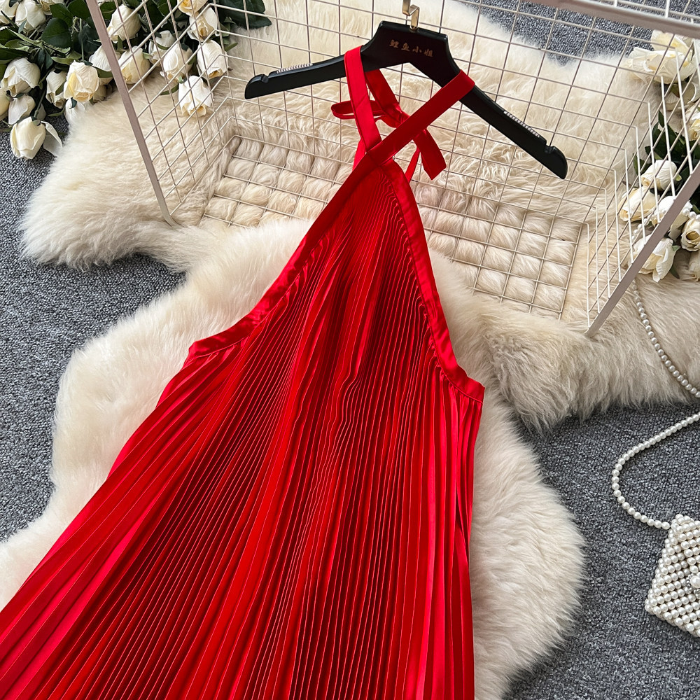 Red Halter Neck Irregular Dress High Waist Pleated Sleeveless A Line Vacation Style Wholesale Available