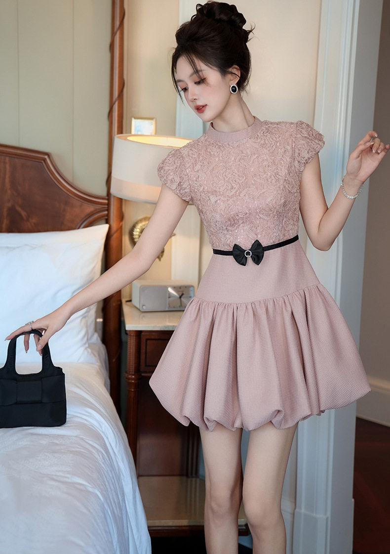 Đầm dự tiệc mùa hè ôm body tay bồng cổ tròn — [Hồng anh đào] chi tiết 8