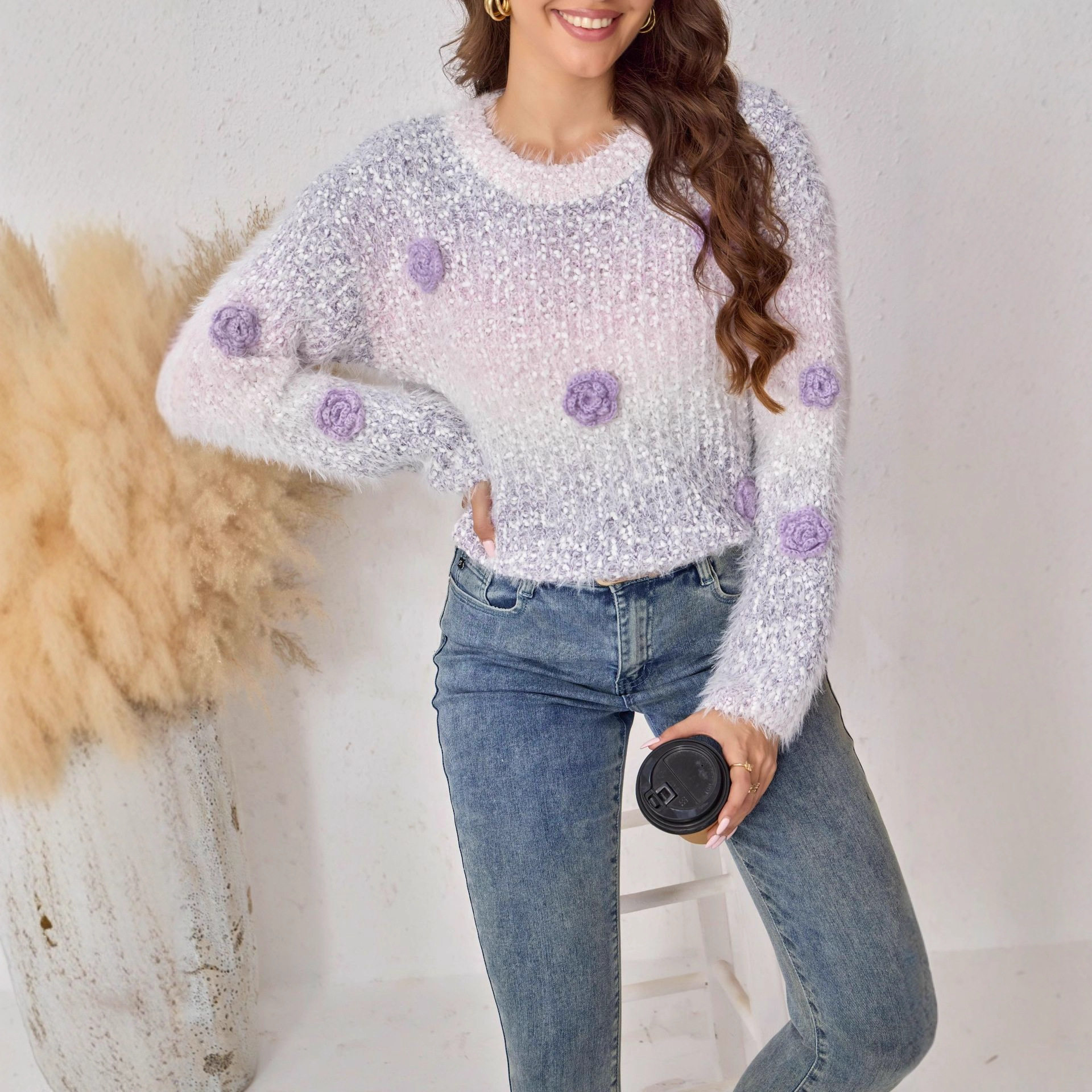 Loose Fit Round Neck Gradient Floral Sweater Soft Warm Stylish Perfect for Autumn and Winter Wholesale Available