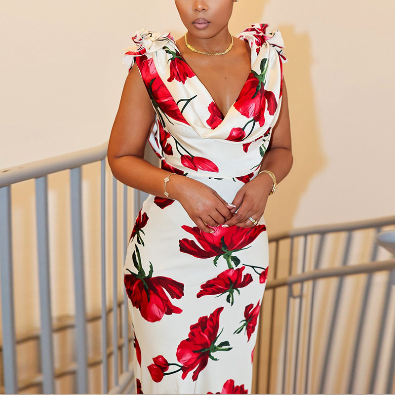 Elegant Floral Print Backless Long Dress Wrinkled Design Slim Fit Mid Waist Perfect for Parties and Special Occasions